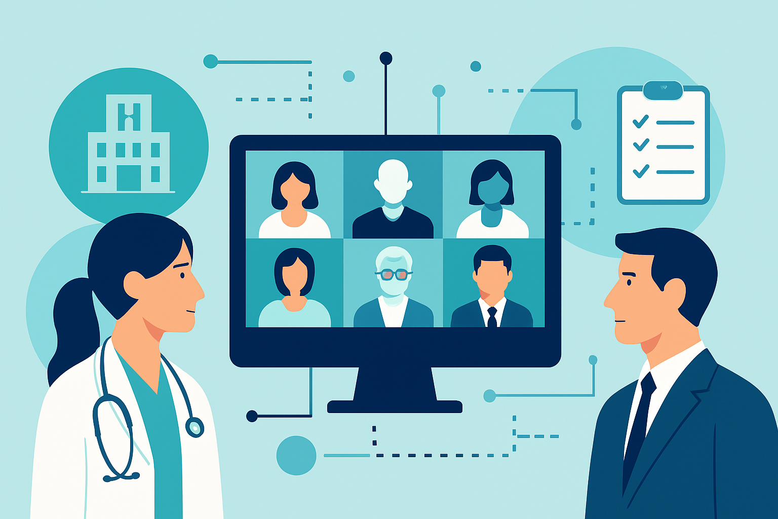 Digital illustration showing healthcare professionals connected through a virtual network with modern data icons.