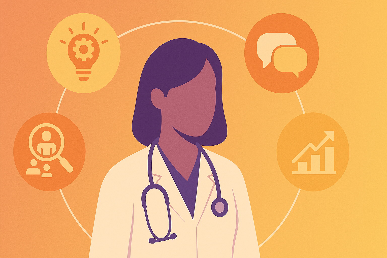 Healthcare professional illustration with icons representing innovation, communication, growth, and expertise.