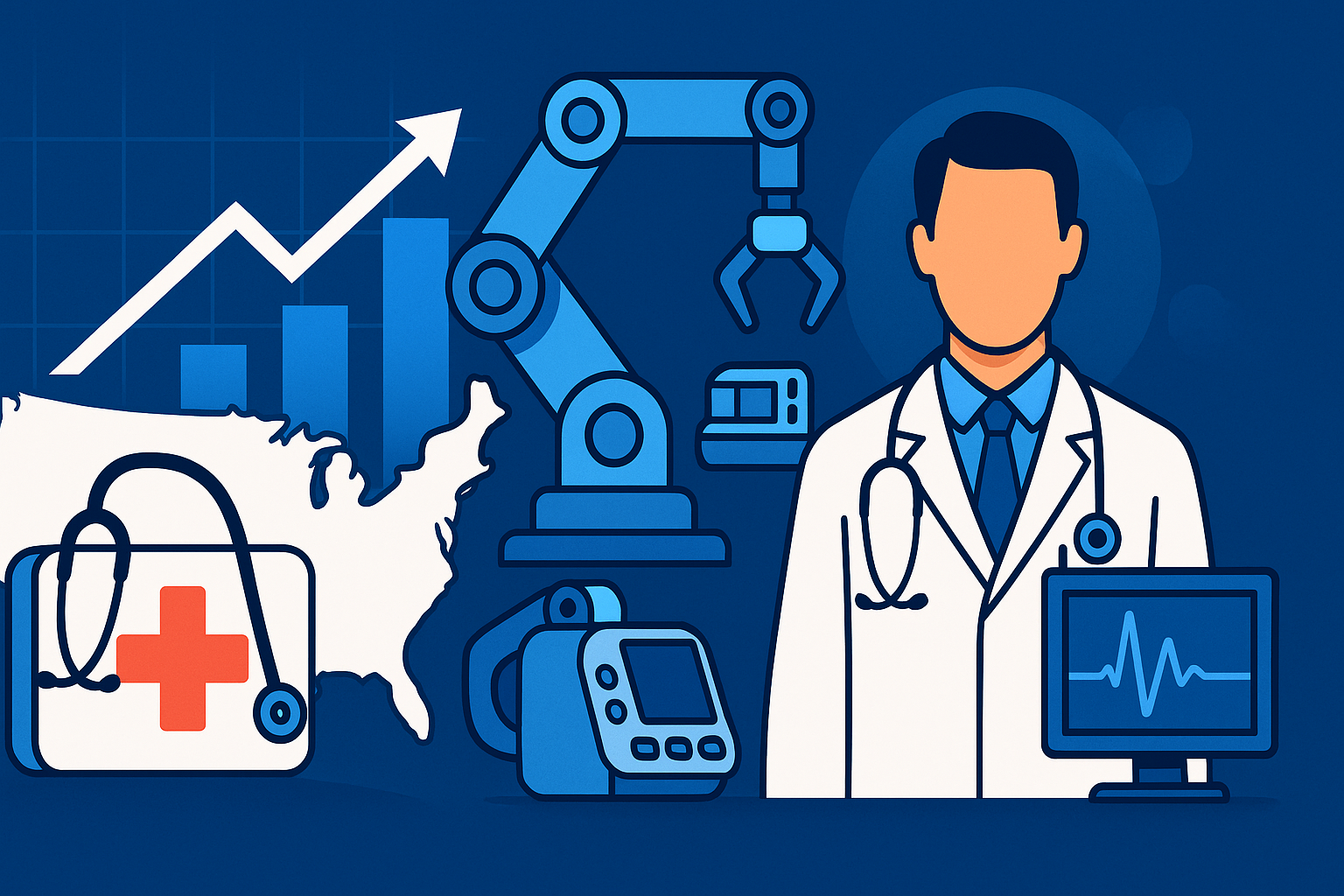 Illustration showing the future of healthcare in America with a doctor wearing a stethoscope, a robotic medical arm, diagnostic equipment, a U.S. map with a rising bar graph, and a medical kit, all in a clean flat style using blue and white tones.
