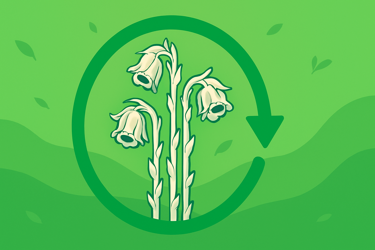 Stylized illustration of three white ghost pipe plants encircled by a green circular arrow, symbolizing a holistic or cyclical life theme. Set against a layered green background with scattered leaf shapes.