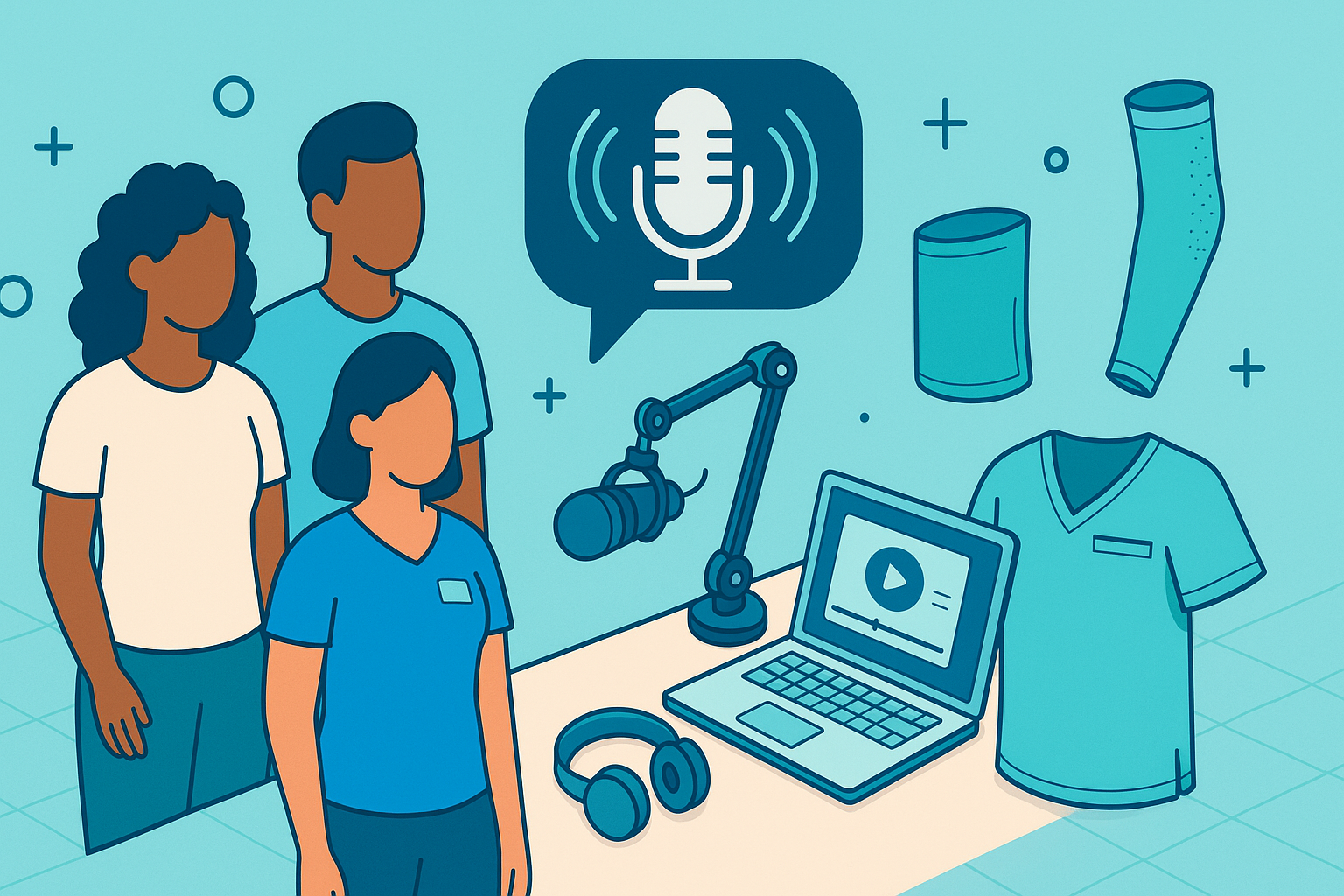Isometric illustration showing a podcast setup, three diverse people, and Care+Wear healthtech products including a PICC line cover and chest port access shirt.