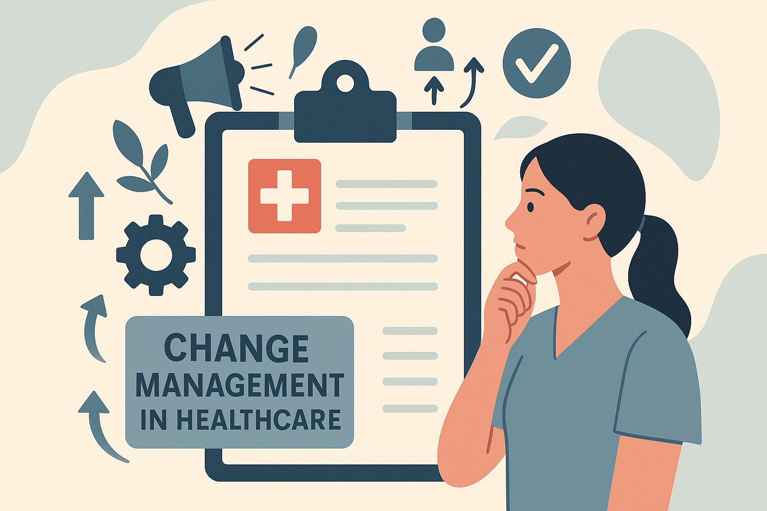 Illustration of a female healthcare professional contemplating a large clipboard surrounded by icons representing change management elements, including communication, teamwork, and system improvement.