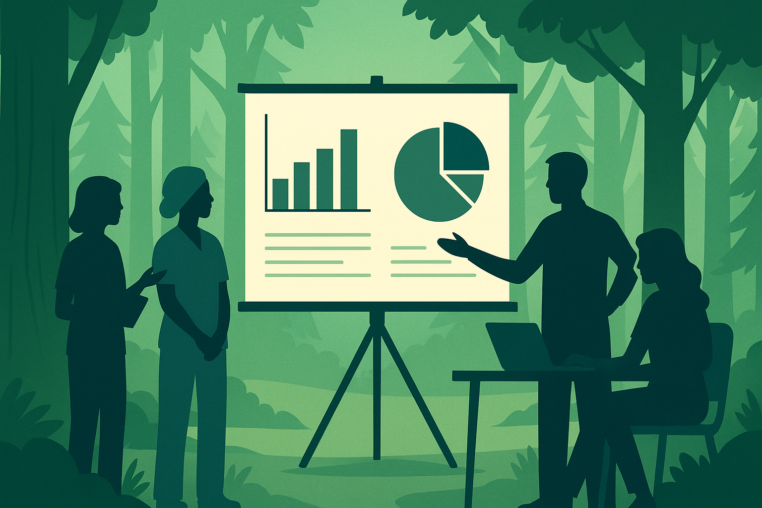 Vector illustration of a large central tree with roots surrounded by smaller saplings, symbolizing how individual product features fit into the broader healthcare system.