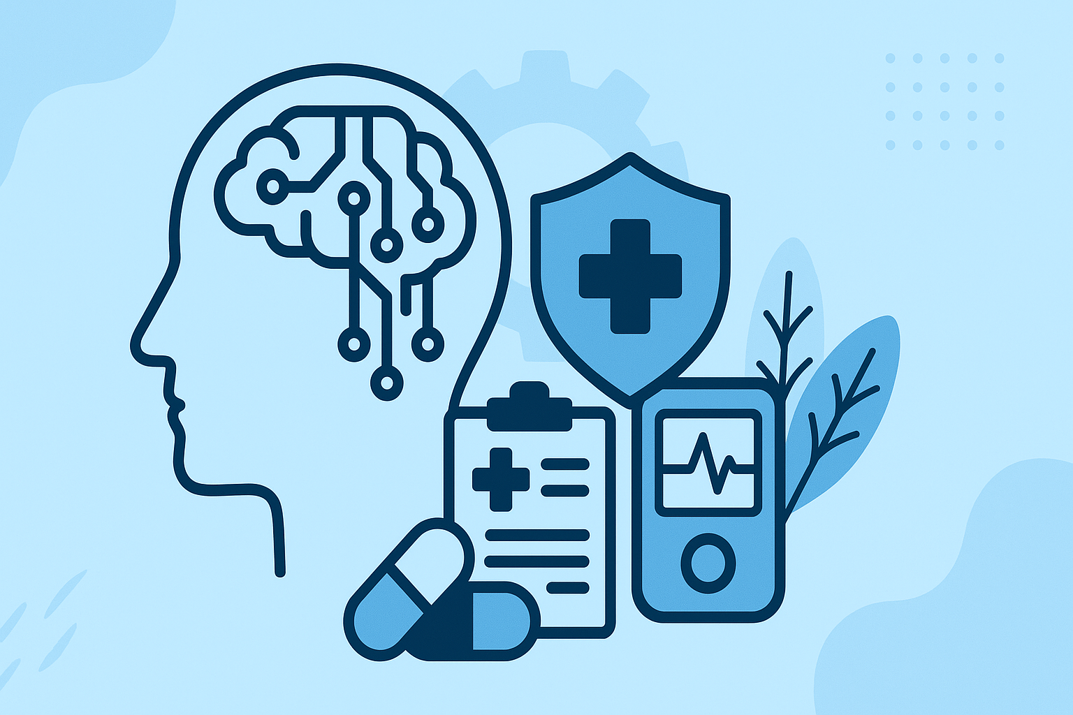 Vector illustration of a human head with a circuit board brain, accompanied by a medical shield, clipboard, pills, and a medical device, all in shades of blue on a light blue background.