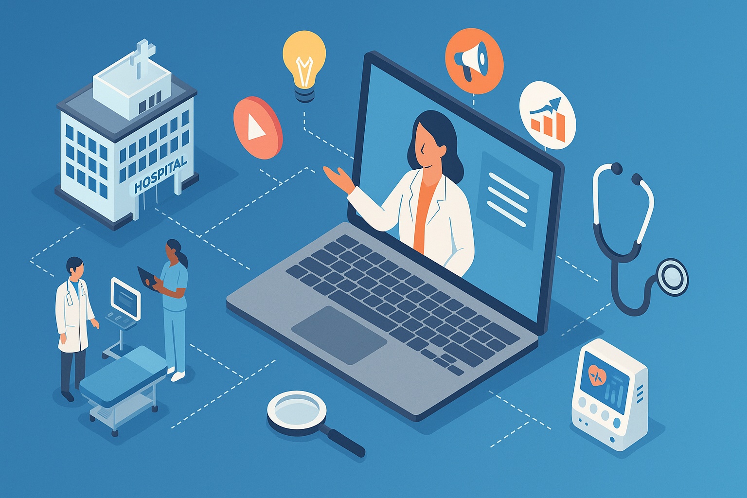 Isometric illustration of a digital healthcare eLearning environment featuring a laptop, clinicians, medical equipment, and hospital elements connected by dashed lines.