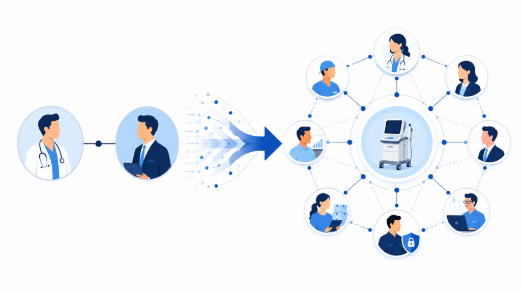 Vector illustration of a medtech buying ecosystem with a medical product connected to multiple stakeholders